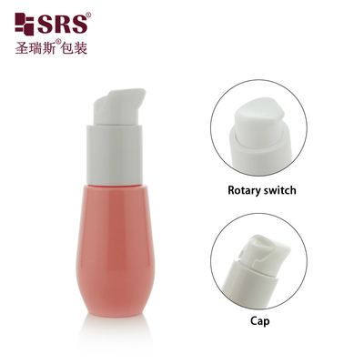 30 มิลลิลิตร Cute Injection สีที่กําหนดเอง พลาสติกรีไซเคิล U Shape Bottom Lotion Pump กระป๋อง PET สีชมพู
