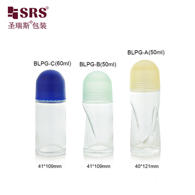 BLPG ขวดลูกกลิ้งแก้วเปล่าทรงเอกลักษณ์ขนาด 50 มล. 60 มล. สำหรับบรรจุภัณฑ์เจลระงับกลิ่นกายและลดเหงื่อ